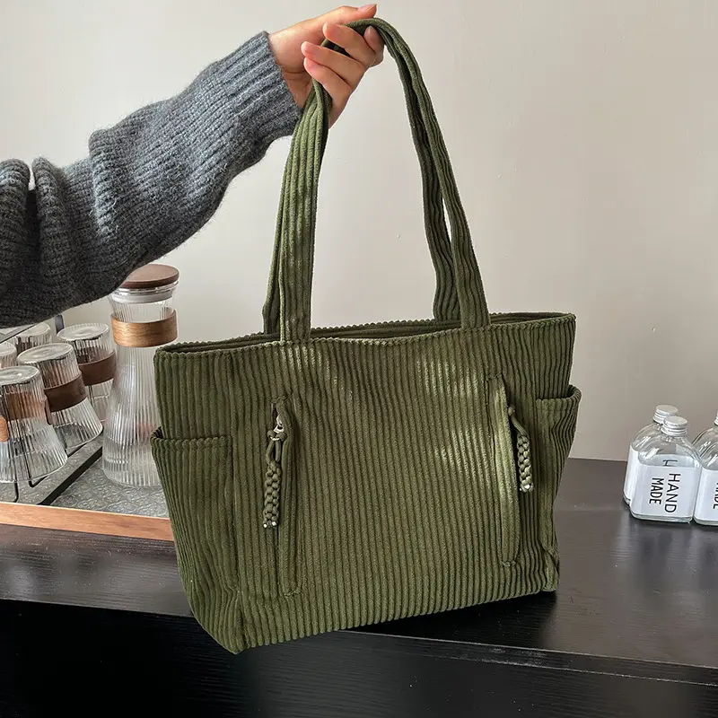 Women's Large Capacity Japanese Style Tote Bag Grey Striped - Image 6