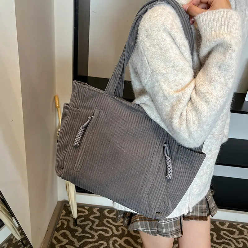 Women's Large Capacity Japanese Style Tote Bag Grey Striped - Image 7