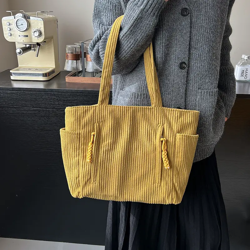 Women's Large Capacity Japanese Style Tote Bag Grey Striped - Image 8