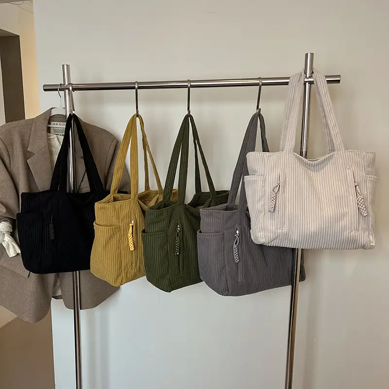 Women's Large Capacity Japanese Style Tote Bag Grey Striped - Image 9