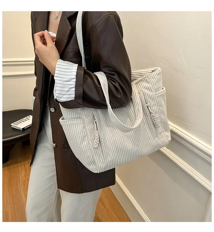 Women's Large Capacity Japanese Style Tote Bag Grey Striped — feature 1