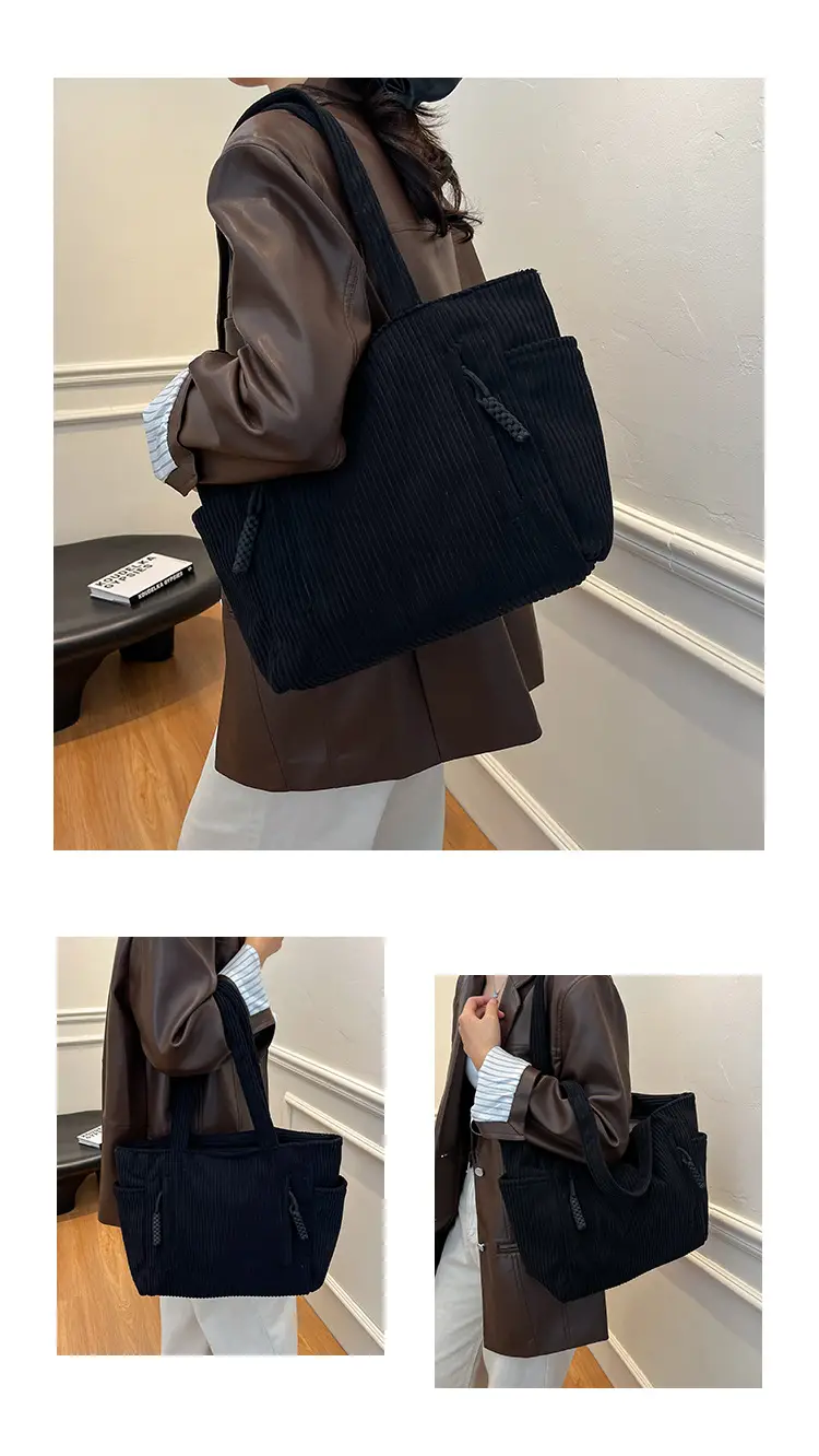 Women's Large Capacity Japanese Style Tote Bag Grey Striped — feature 11