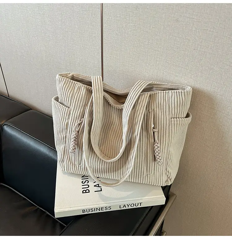 Women's Large Capacity Japanese Style Tote Bag Grey Striped — feature 13