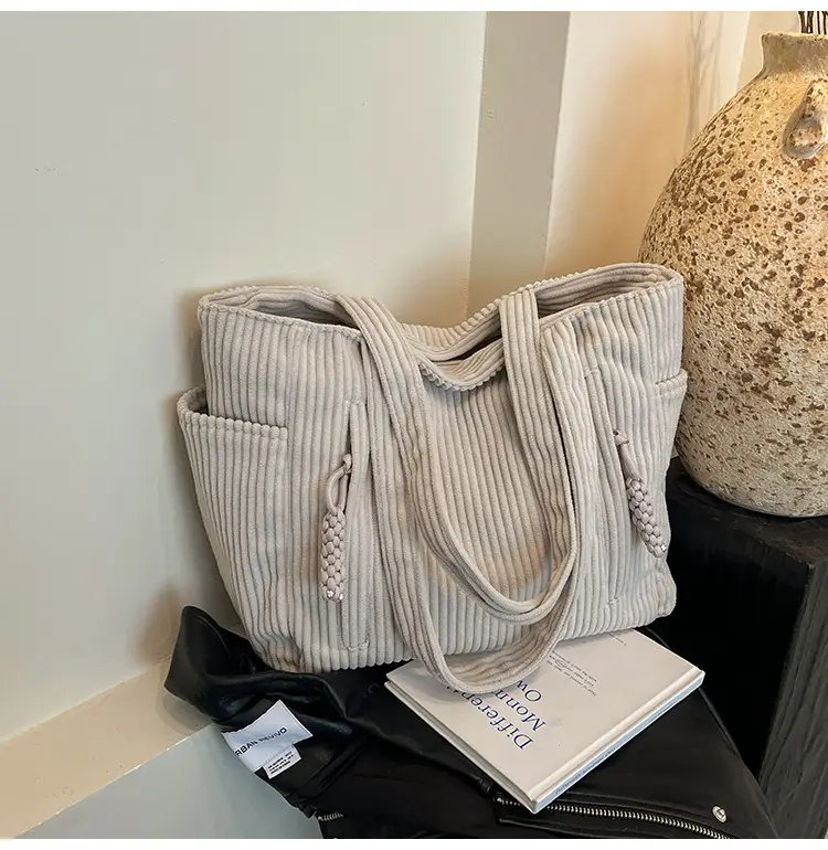 Women's Large Capacity Japanese Style Tote Bag Grey Striped — feature 14