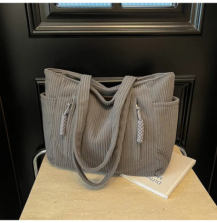 Women's Large Capacity Japanese Style Tote Bag Grey Striped — feature 15