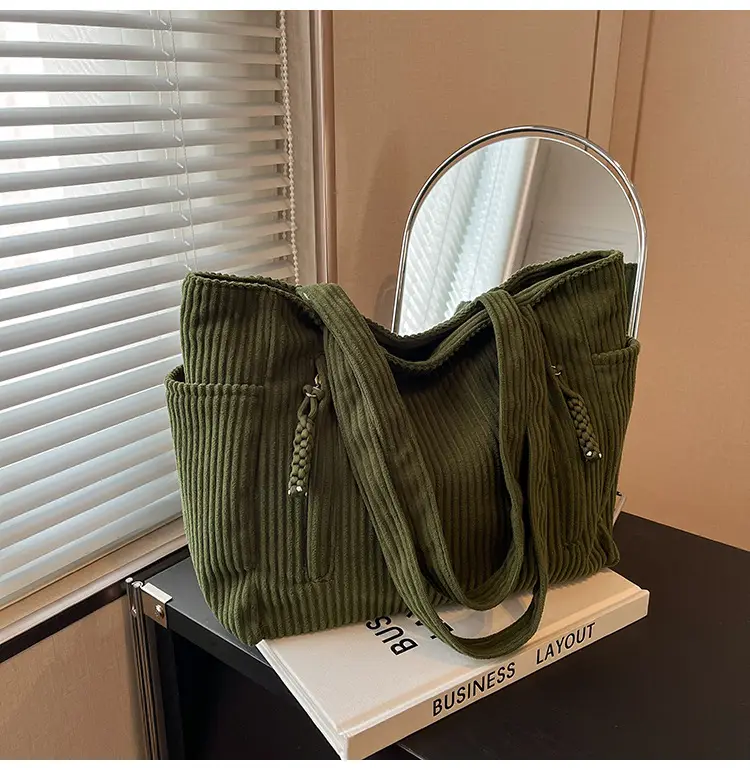 Women's Large Capacity Japanese Style Tote Bag Grey Striped — feature 17
