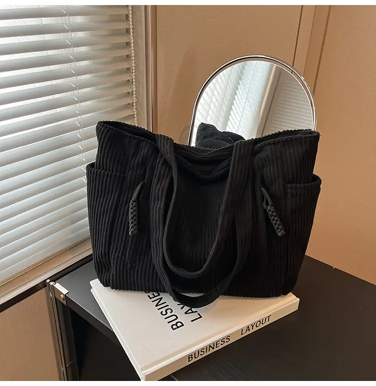 Women's Large Capacity Japanese Style Tote Bag Grey Striped — feature 18