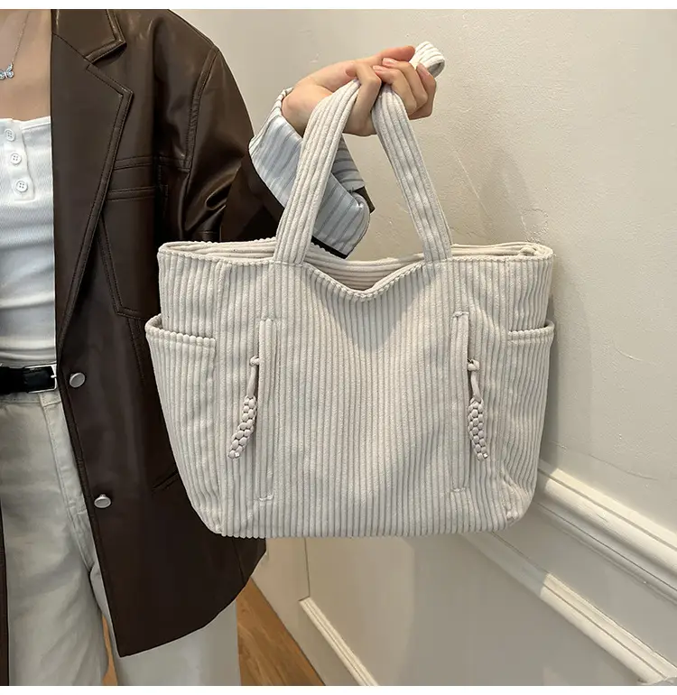 Women's Large Capacity Japanese Style Tote Bag Grey Striped — feature 19