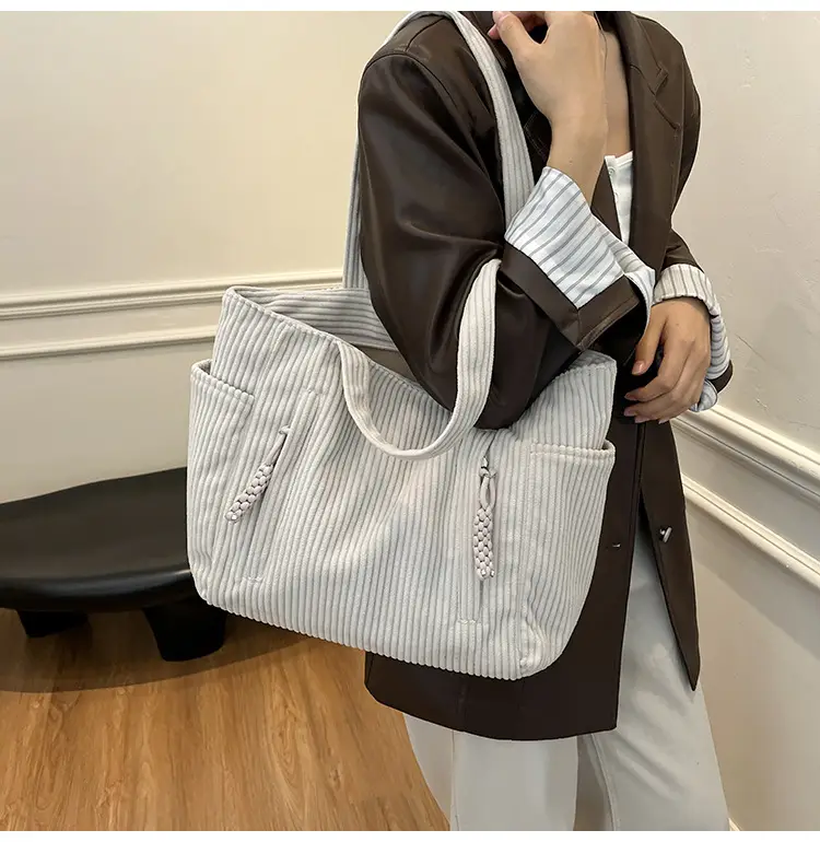 Women's Large Capacity Japanese Style Tote Bag Grey Striped — feature 20