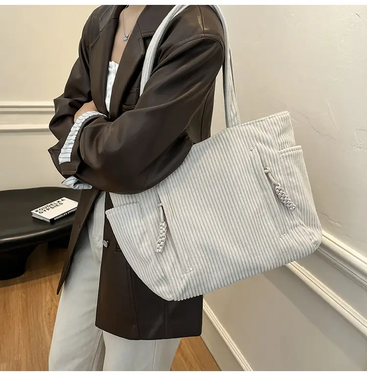 Women's Large Capacity Japanese Style Tote Bag Grey Striped — feature 21