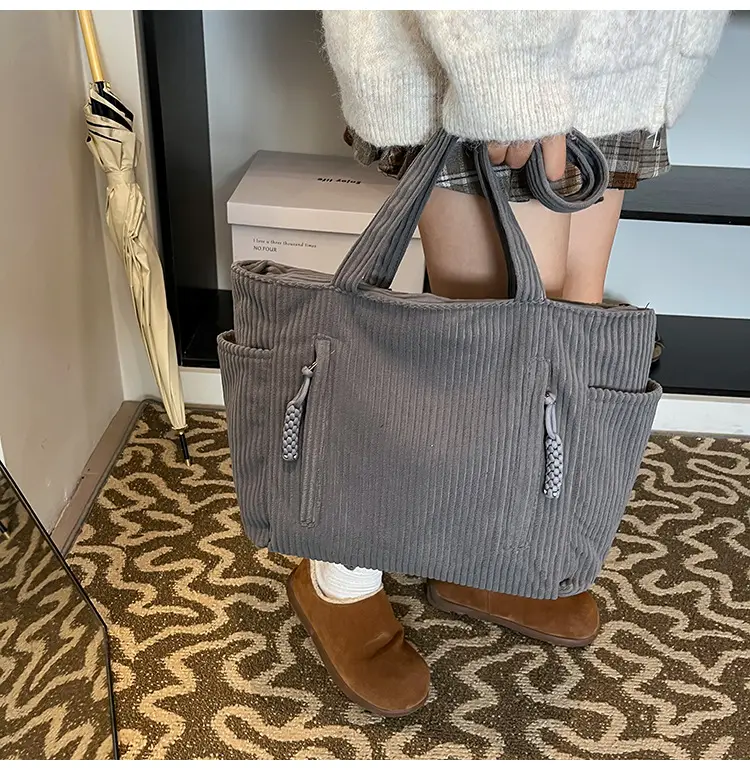 Women's Large Capacity Japanese Style Tote Bag Grey Striped — feature 22