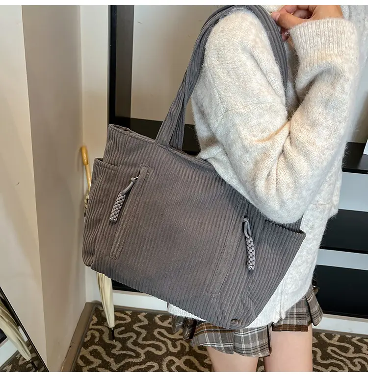 Women's Large Capacity Japanese Style Tote Bag Grey Striped — feature 23