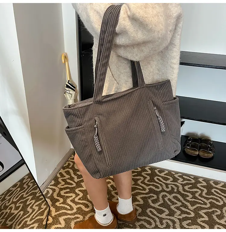 Women's Large Capacity Japanese Style Tote Bag Grey Striped — feature 24