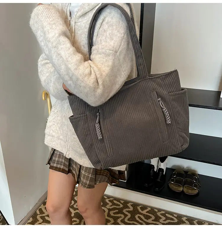 Women's Large Capacity Japanese Style Tote Bag Grey Striped — feature 25