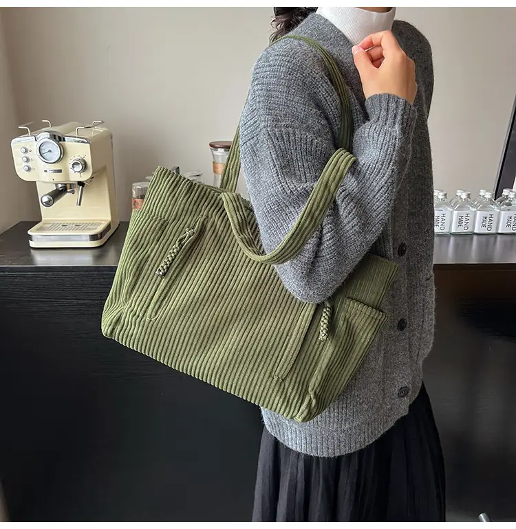 Women's Large Capacity Japanese Style Tote Bag Grey Striped — feature 31