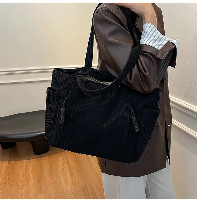 Women's Large Capacity Japanese Style Tote Bag Grey Striped — feature 34