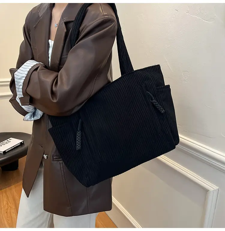 Women's Large Capacity Japanese Style Tote Bag Grey Striped — feature 36