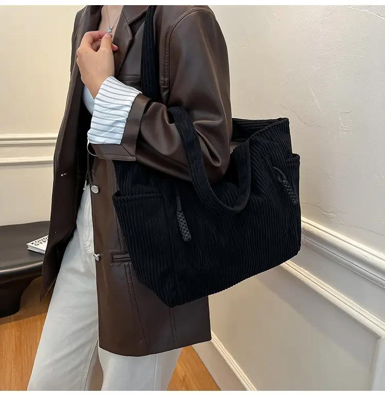 Women's Large Capacity Japanese Style Tote Bag Grey Striped — feature 37