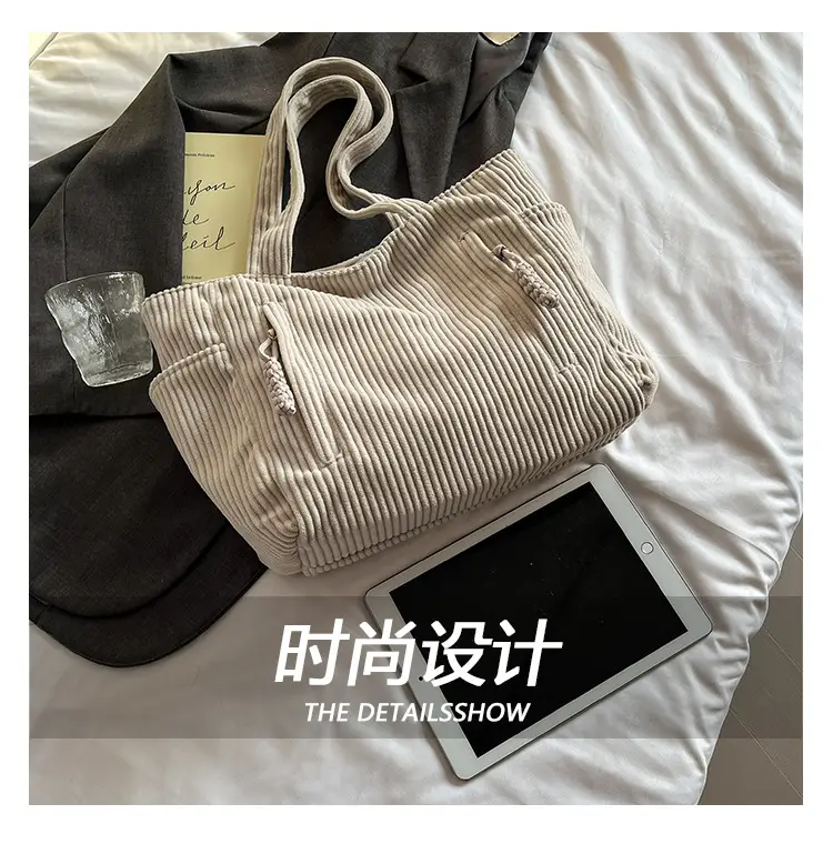 Women's Large Capacity Japanese Style Tote Bag Grey Striped — feature 4