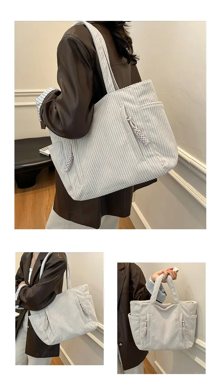 Women's Large Capacity Japanese Style Tote Bag Grey Striped — feature 7
