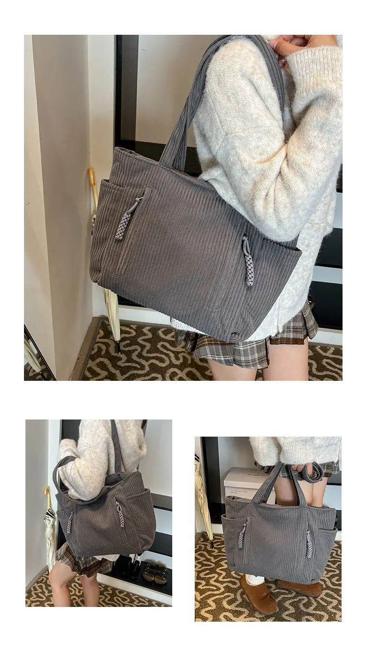 Women's Large Capacity Japanese Style Tote Bag Grey Striped — feature 8