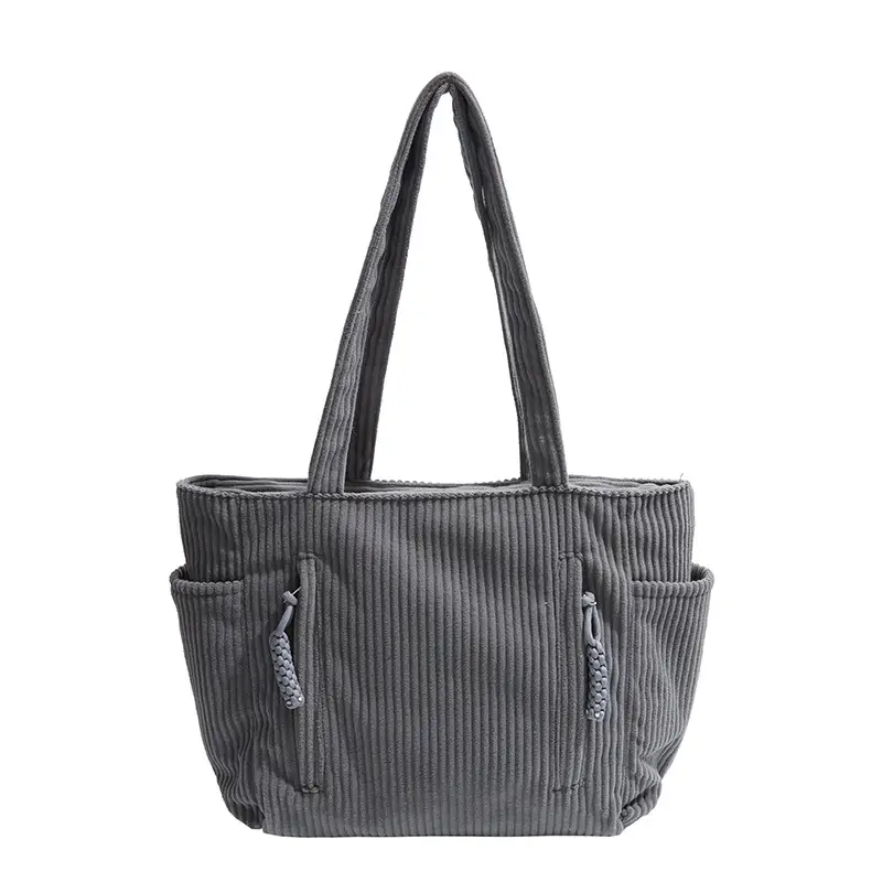 Women's Large Capacity Japanese Style Tote Bag Grey Striped - Image 2