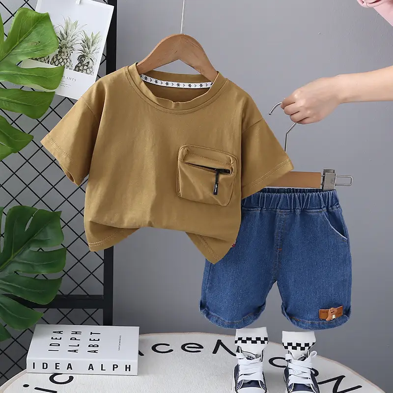 Children Cotton T-Shirt Shorts Set White Blue Summer - Image 2