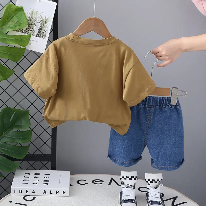 Children Cotton T-Shirt Shorts Set White Blue Summer - Image 4