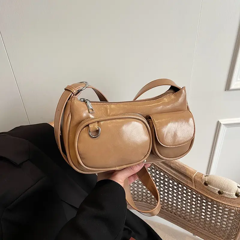 Tan Multi-Pocket Shoulder Bag with Detachable Strap - Image 8