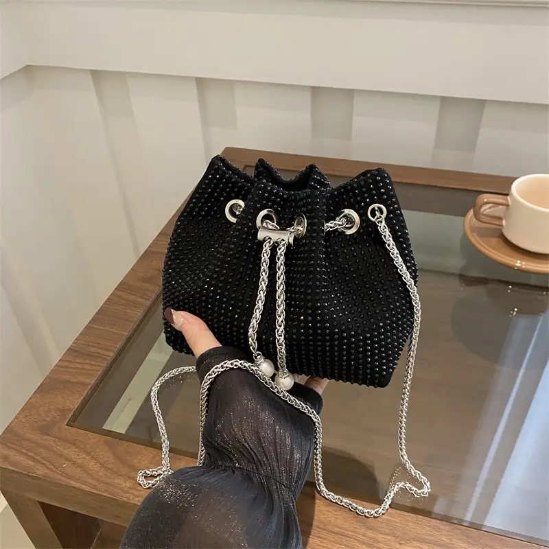 Black PU Drawstring Bucket Bag for Women - Image 4