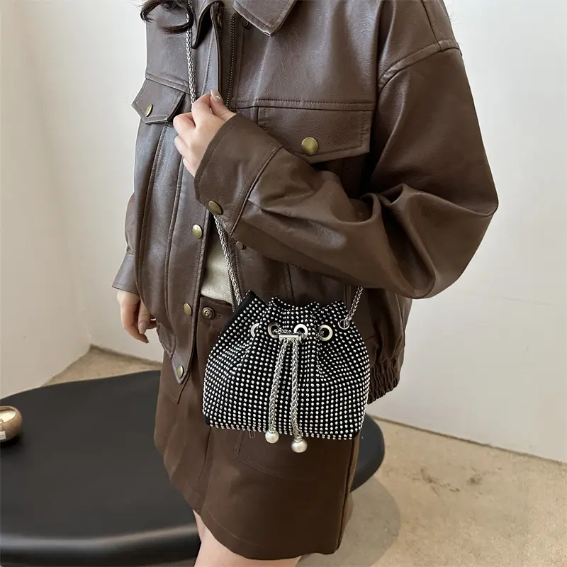 Black PU Drawstring Bucket Bag for Women - Image 5