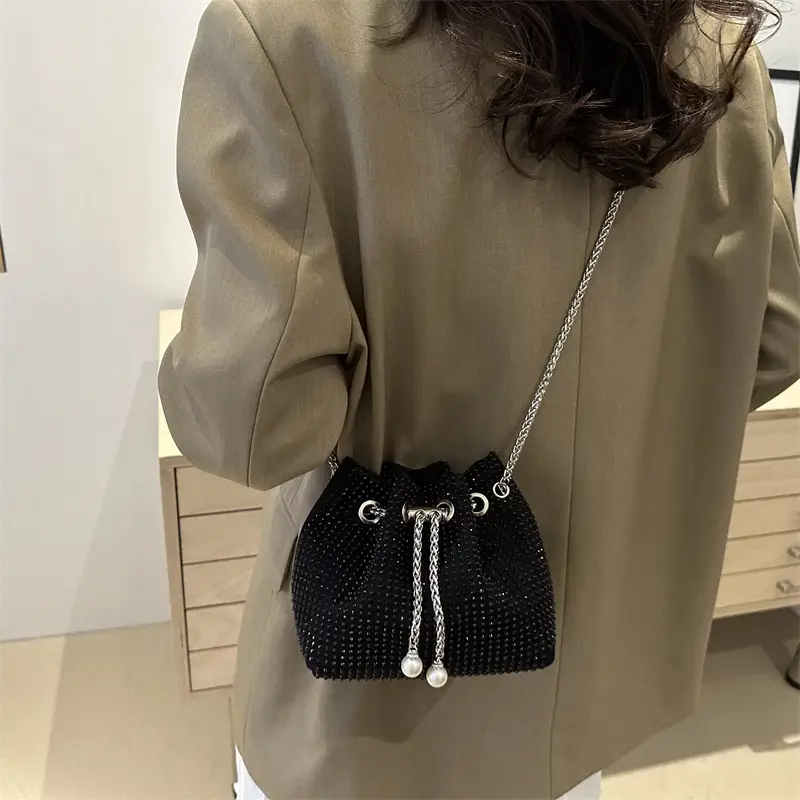 Black PU Drawstring Bucket Bag for Women - Image 7