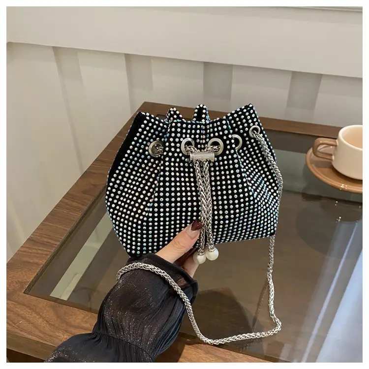 Black PU Drawstring Bucket Bag for Women - Image 3