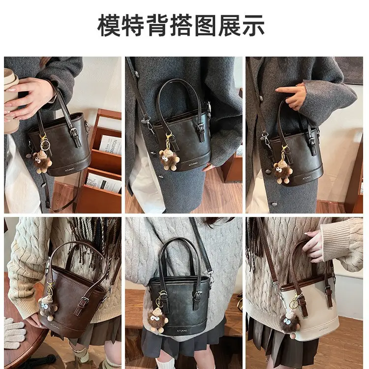 Women Retro Crossbody Bag Brown Pom Pom Charm - Image 7