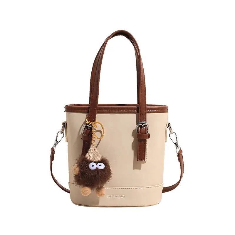 Women Retro Crossbody Bag Brown Pom Pom Charm - Image 9