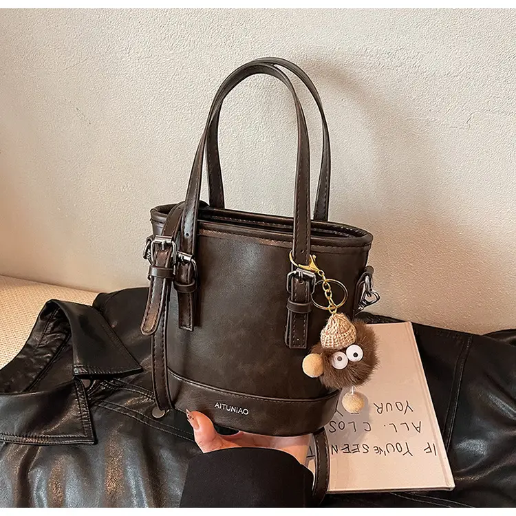 Women Retro Crossbody Bag Brown Pom Pom Charm — feature 11