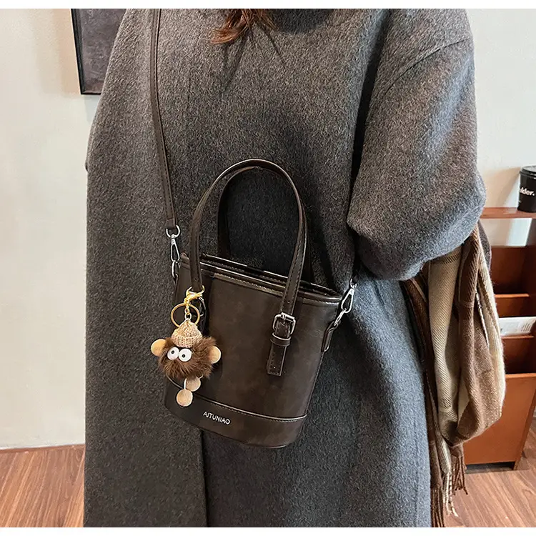 Women Retro Crossbody Bag Brown Pom Pom Charm — feature 13