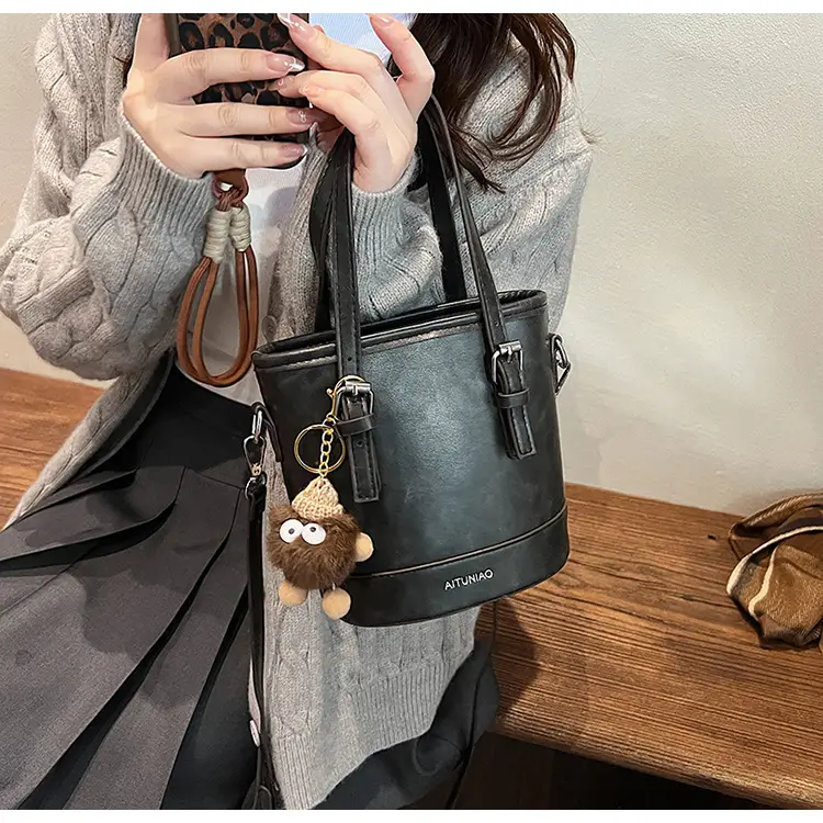 Women Retro Crossbody Bag Brown Pom Pom Charm — feature 14
