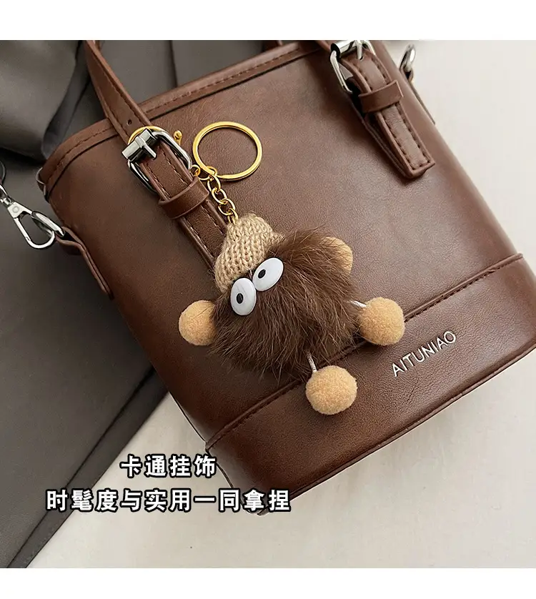 Women Retro Crossbody Bag Brown Pom Pom Charm — feature 17