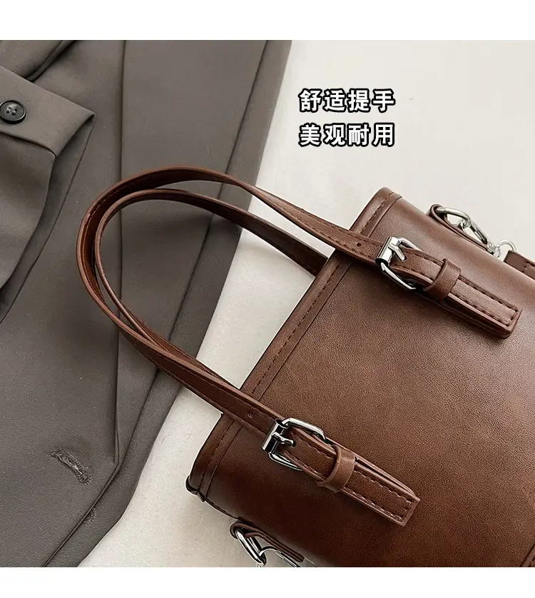 Women Retro Crossbody Bag Brown Pom Pom Charm — feature 21