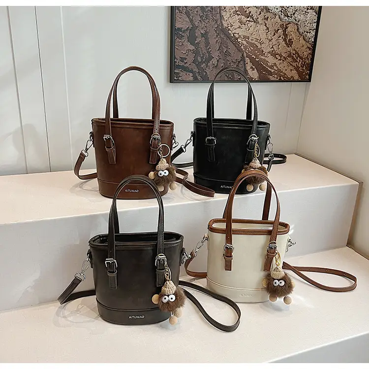 Women Retro Crossbody Bag Brown Pom Pom Charm — feature 24