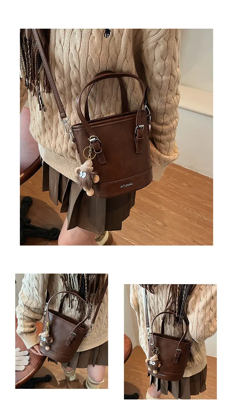 Women Retro Crossbody Bag Brown Pom Pom Charm — feature 4