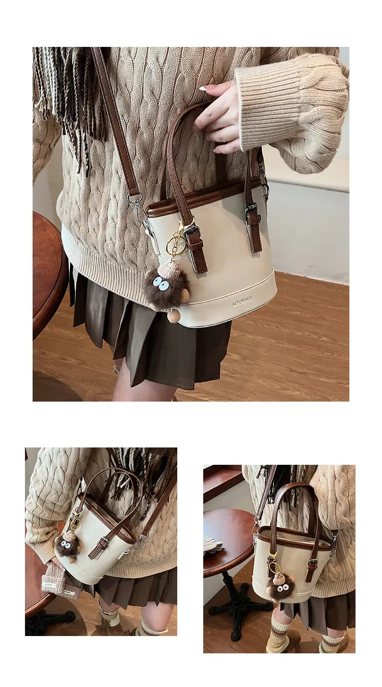 Women Retro Crossbody Bag Brown Pom Pom Charm — feature 6