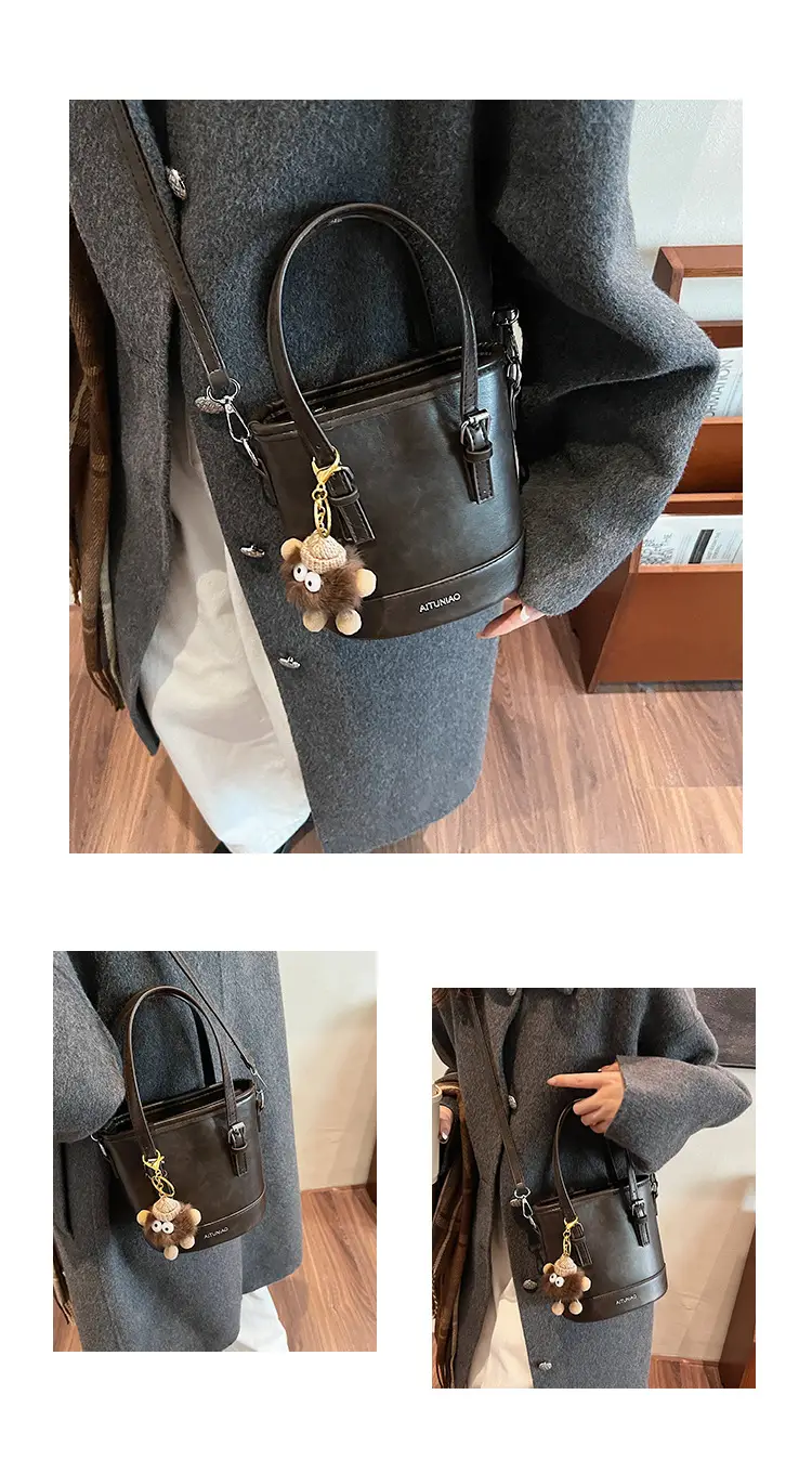 Women Retro Crossbody Bag Brown Pom Pom Charm — feature 7