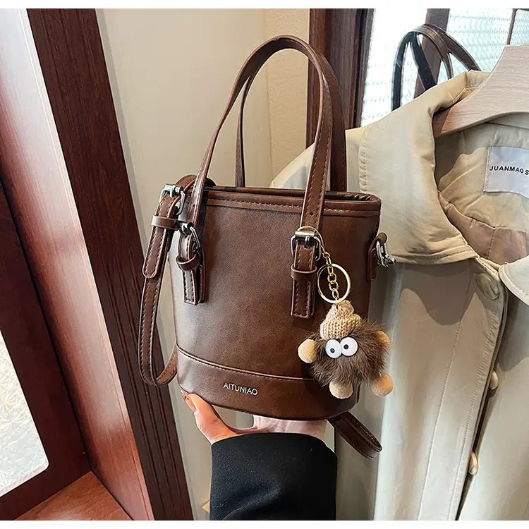 Women Retro Crossbody Bag Brown Pom Pom Charm — feature 8