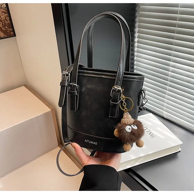 Women Retro Crossbody Bag Brown Pom Pom Charm — feature 9
