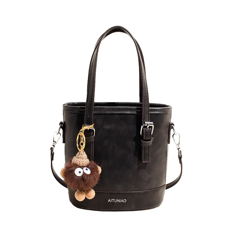 Women Retro Crossbody Bag Brown Pom Pom Charm - Image 2