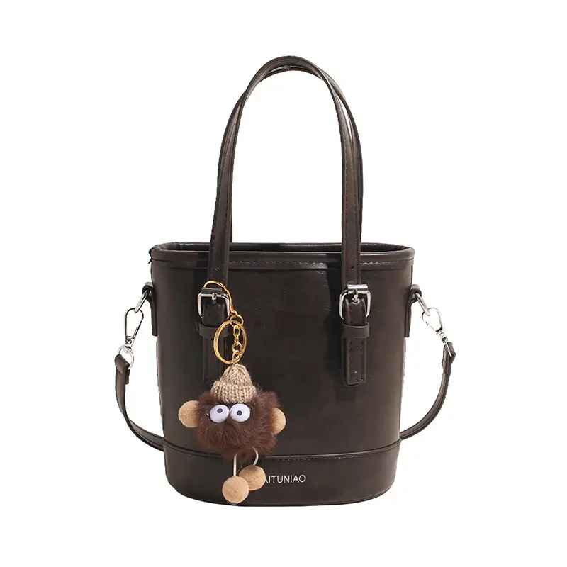 Women Retro Crossbody Bag Brown Pom Pom Charm - Image 3