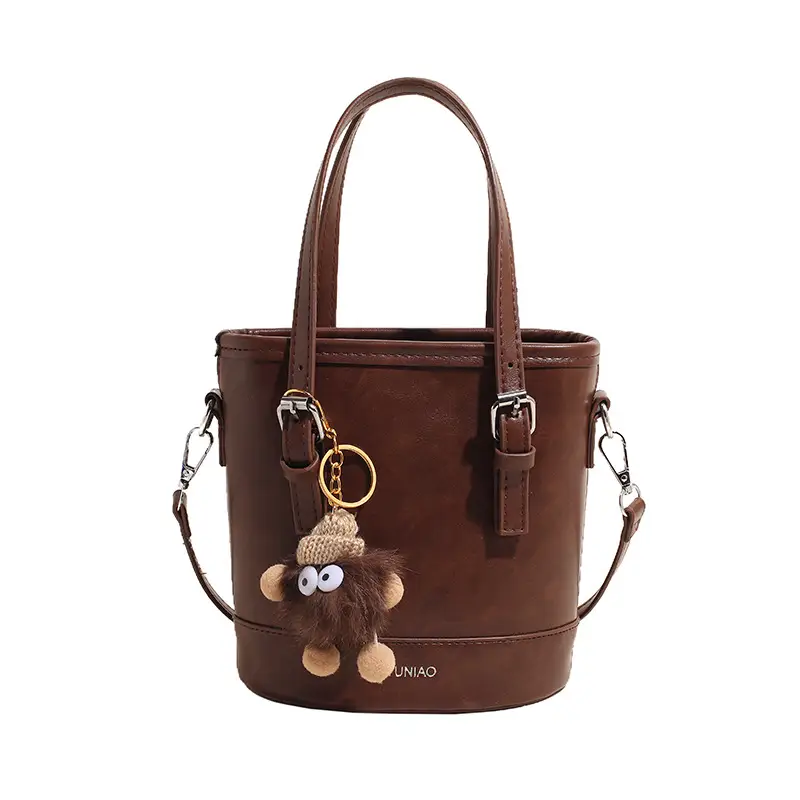 Women Retro Crossbody Bag Brown Pom Pom Charm - Image 4