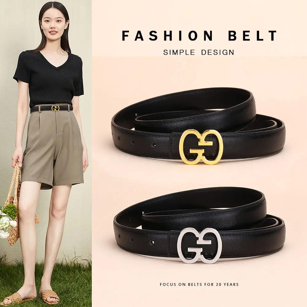 Bright Gold G Logo Belt for Women Genuine Leather